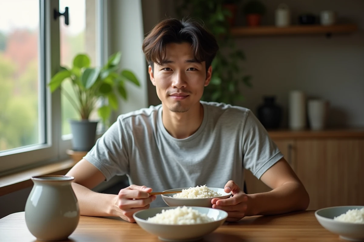 Jeune homme comparant deux bols de riz cuits