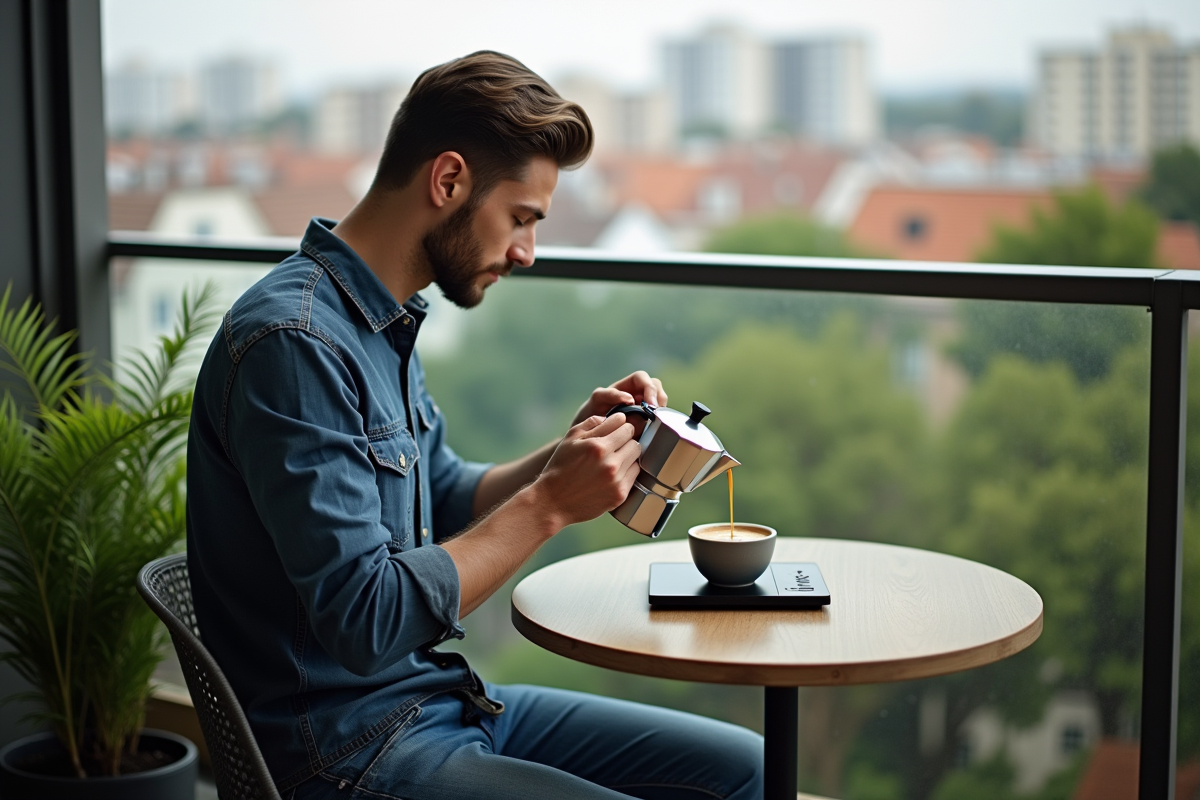 Jeune homme versant espresso sur balcon urbain