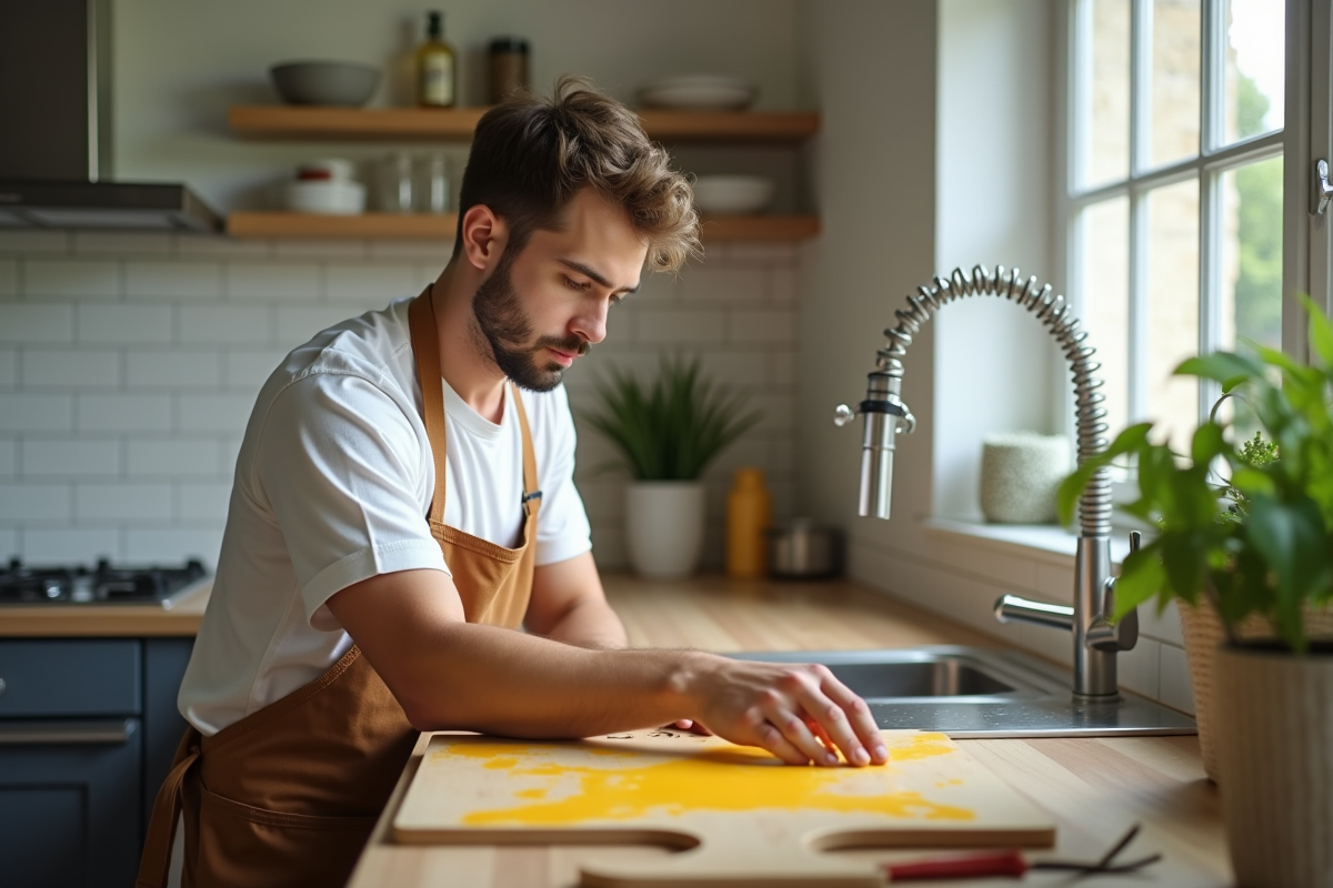 Jeune homme inspectant une planche tachée de curry