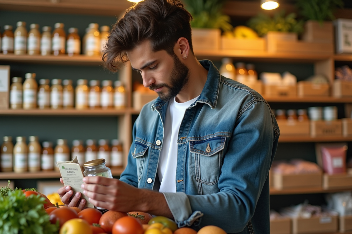 Jeune homme lisant une étiquette dans un magasin bio