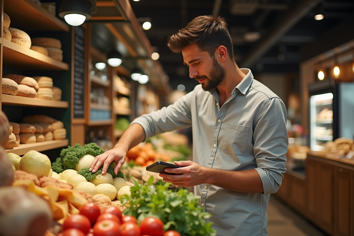 Jeune homme achetant des produits frais au marché intérieur