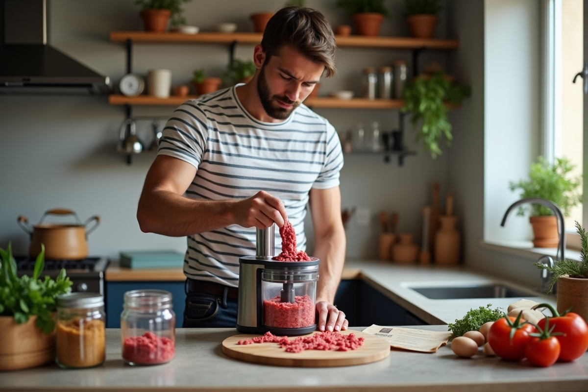 Jeune homme versant du boeuf hache dans une cuisine lumineuse