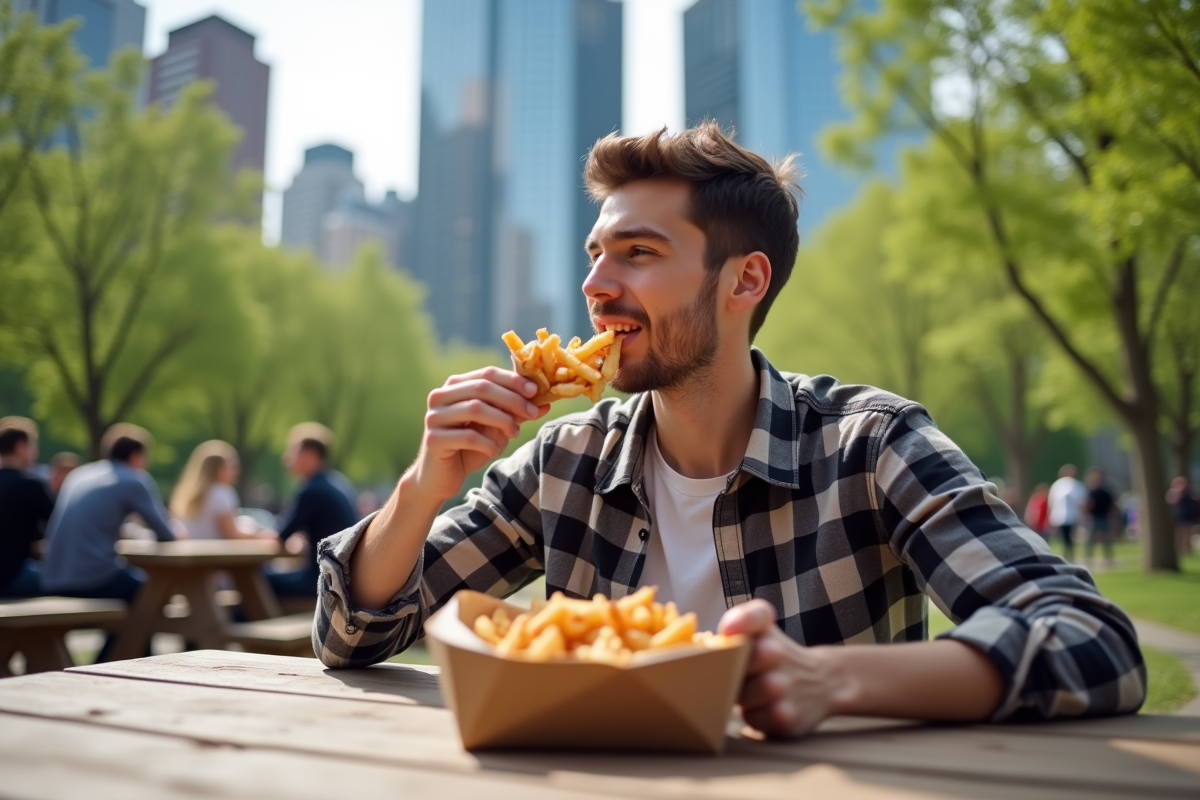 Jeune homme canadien dégustant une poutine en plein air dans un parc