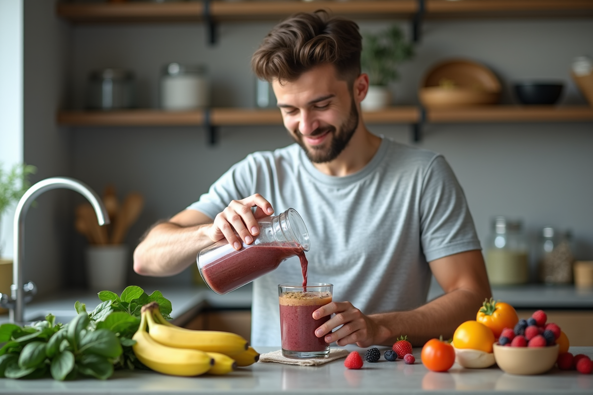 Jeune homme préparant un smoothie dans la cuisine moderne