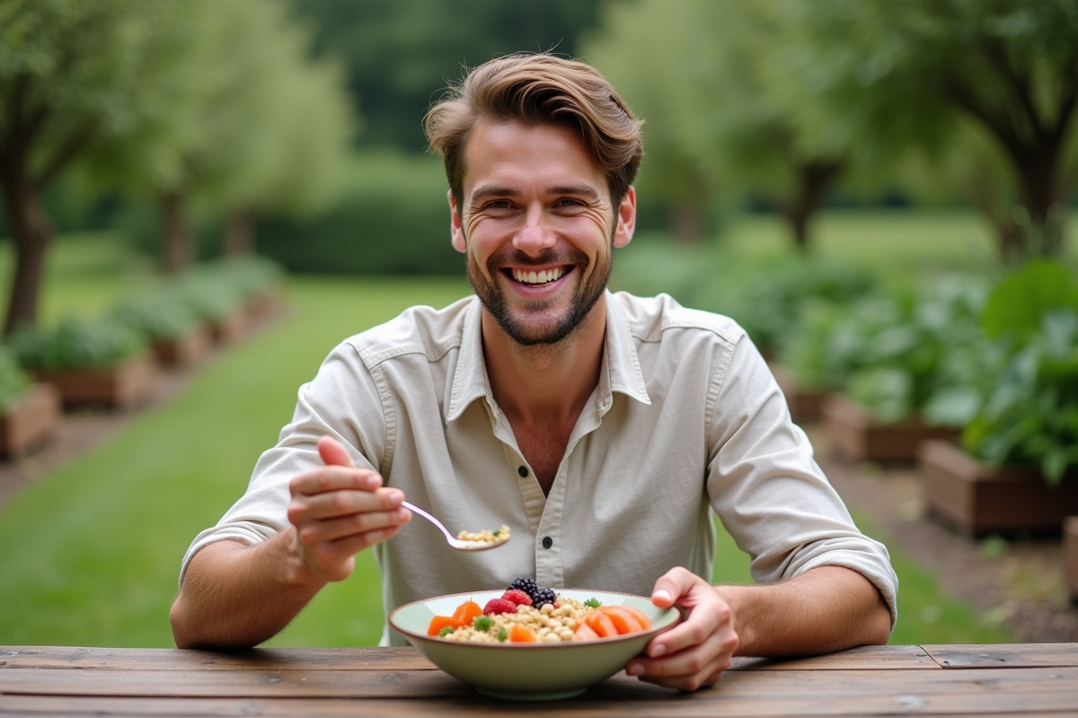 Jeune homme dégustant un bol de légumineuses dans un jardin