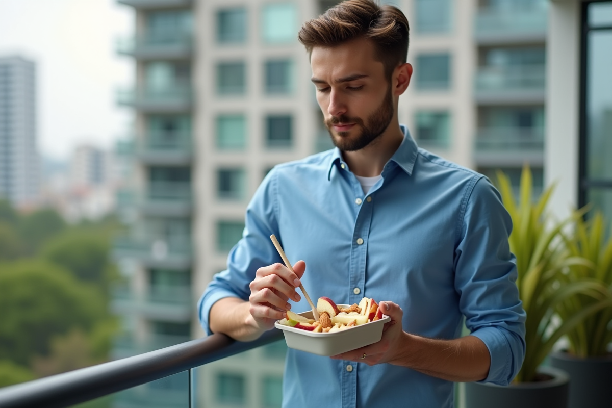 Jeune homme préparant une collation sur un balcon urbain