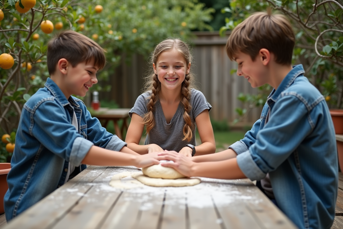 Jeunes apprenant à pétrir la pâte en extérieur
