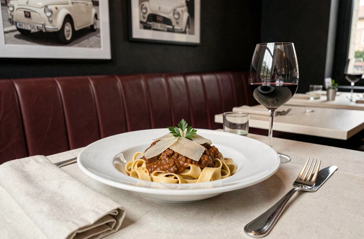 Assiette de tagliatelles au ragù bolognese élégamment dressée au restaurant La 500 à Nantes avec décor vintage