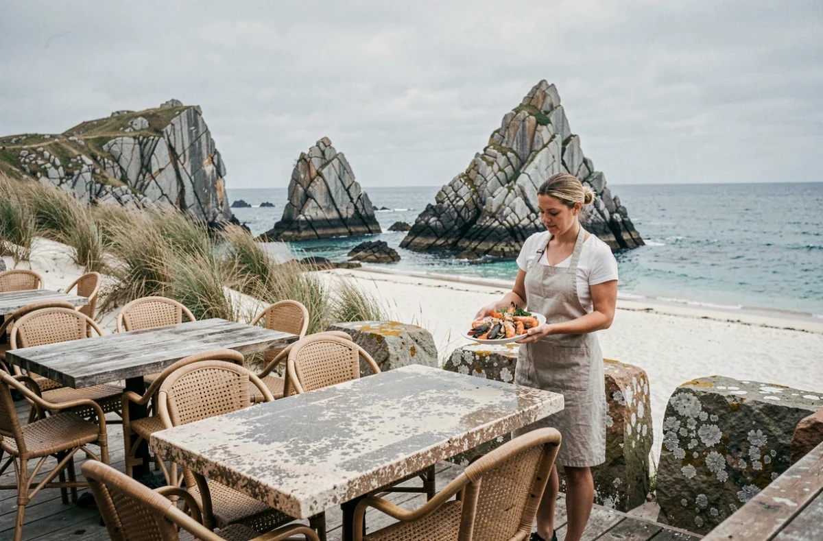 Terrasse du restaurant La Corniche à Brignogan-Plages face à la plage sauvage et aux rochers granitiques