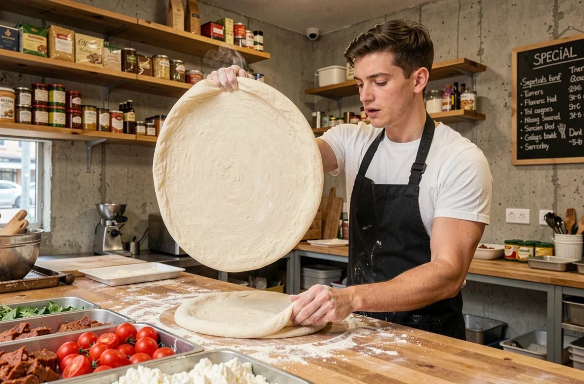 Pizzaiolo artisan faisant tourner la pâte chez Lazzarone Pizzeria à Nantes avec garnitures fraîches en premier plan
