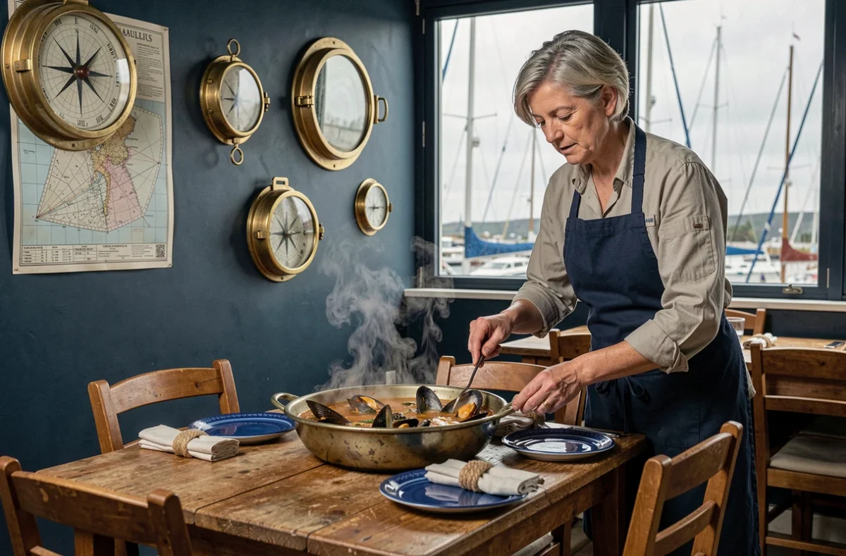 Chef arrangeant une table avec bouillabaisse au restaurant Le Nautilus à Camaret-sur-Mer
