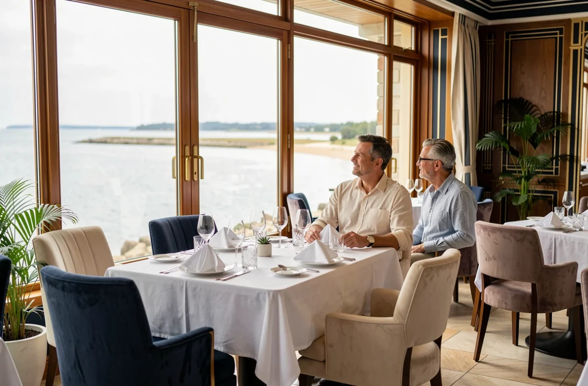 Salle de restaurant gastronomique de la Villa Tri Men à Combrit avec vue sur l'estuaire de l'Odet