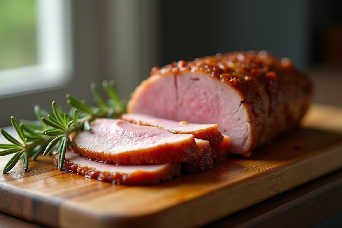 Magret de canard cuit tranché avec romarin dans une cuisine moderne