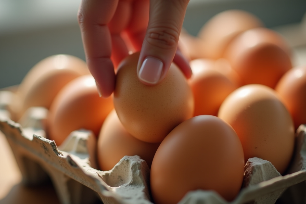 Main déposant un oeuf dans un carton d oeufs sous lumière douce
