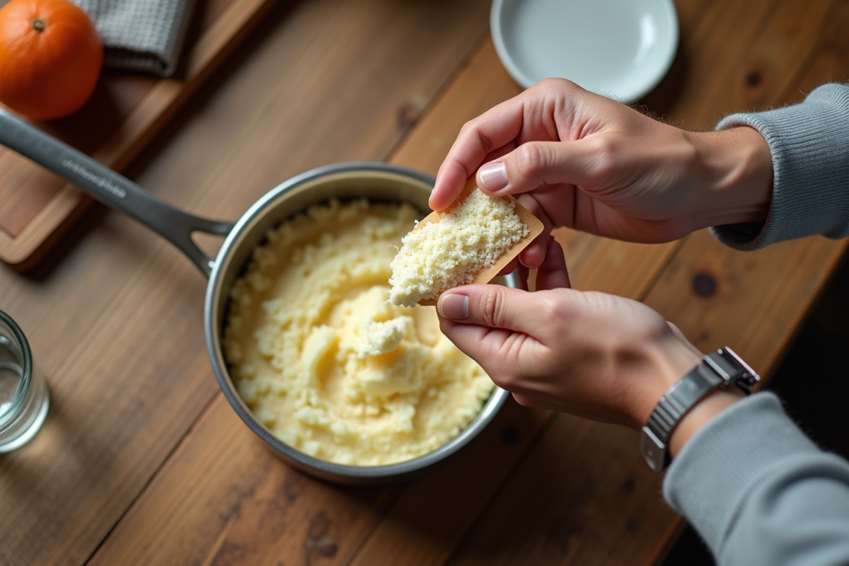 Main versant des flocons de purée dans une casserole en acier