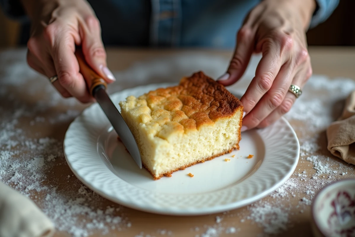 Mains de grand-mère coupant une tranche de gâteau au yaourt maison sur une assiette en porcelaine blanche, mie moelleuse et aérée visible