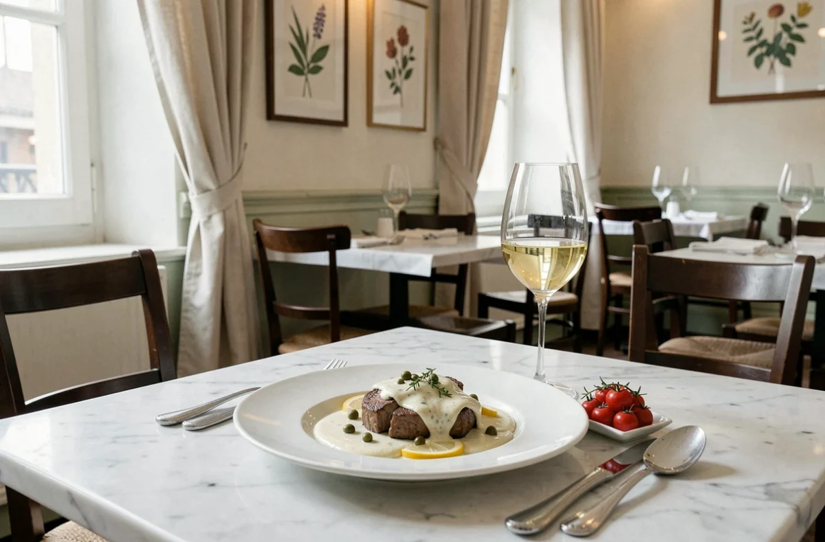 Assiette de piccata de veau dressée avec soin à la Maison Paganelli à Angers dans un cadre raffiné