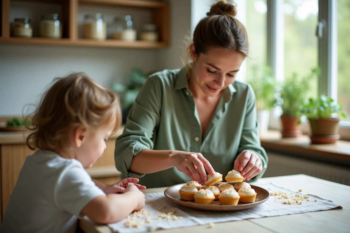 Maman et enfant partageant des gateaux unicorns faits maison