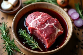 Gigot de chevreuil cru mariné dans un plat en céramique avec vin rouge, romarin, ail et oignons sur plan de travail en bois