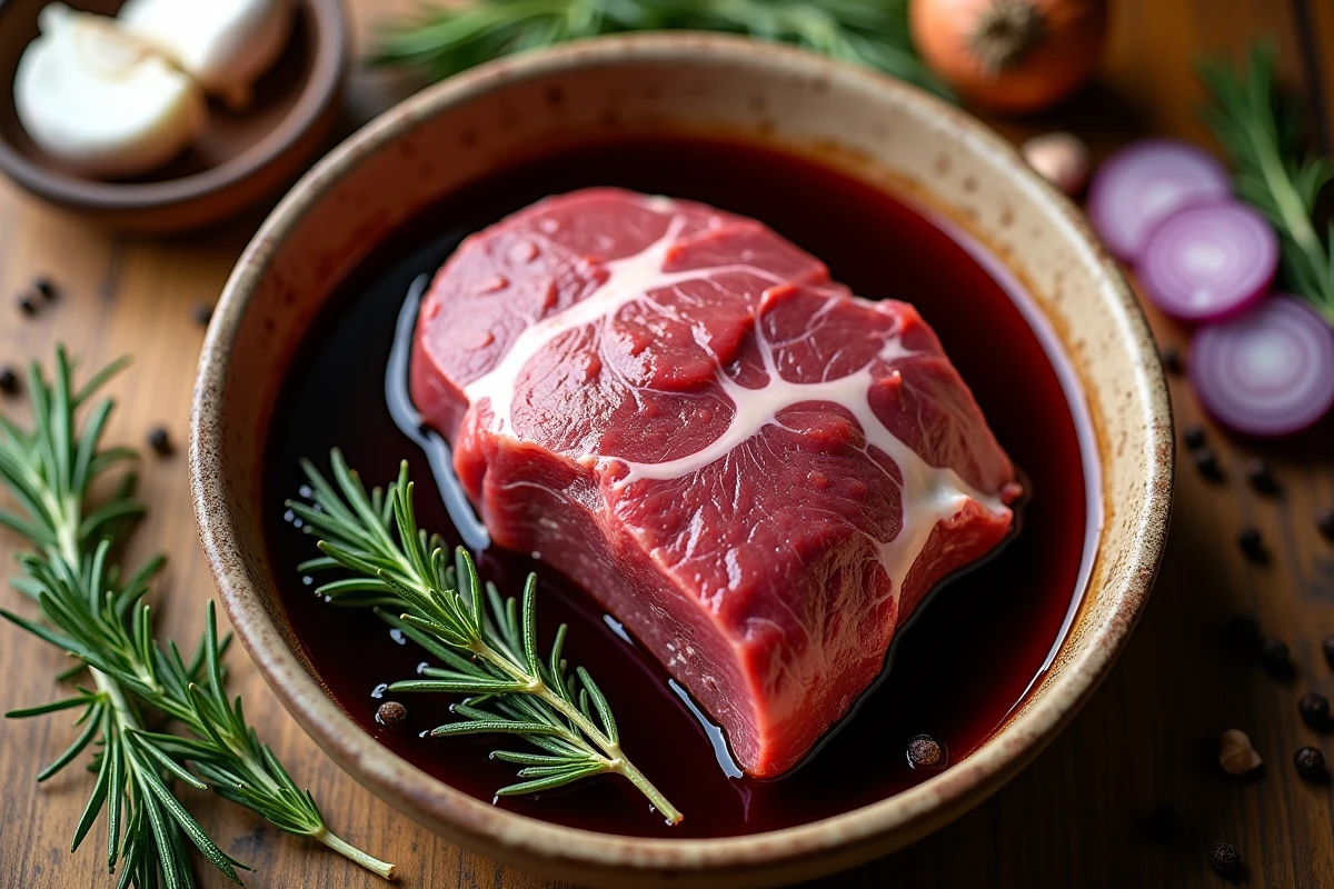 Gigot de chevreuil cru mariné dans un plat en céramique avec vin rouge, romarin, ail et oignons sur plan de travail en bois