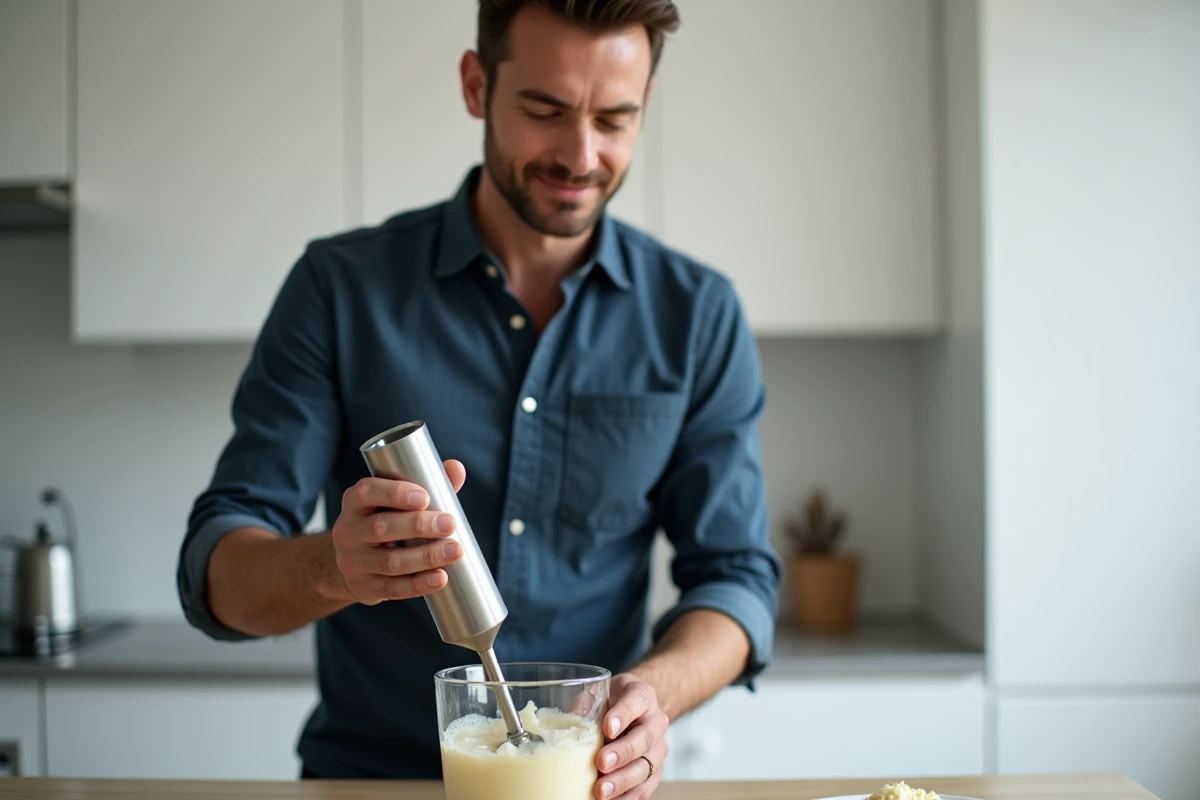 Homme utilisant un mixeur plongeant pour réaliser une mayonnaise express dans un pichet gradué transparent en cuisine moderne