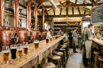 Intérieur chaleureux d'une brasserie artisanale du Grand Est avec cuves en cuivre, murs en pierre et comptoir en chêne