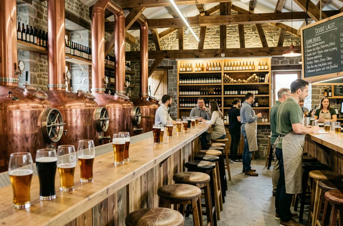 Intérieur chaleureux d'une brasserie artisanale du Grand Est avec cuves en cuivre, murs en pierre et comptoir en chêne