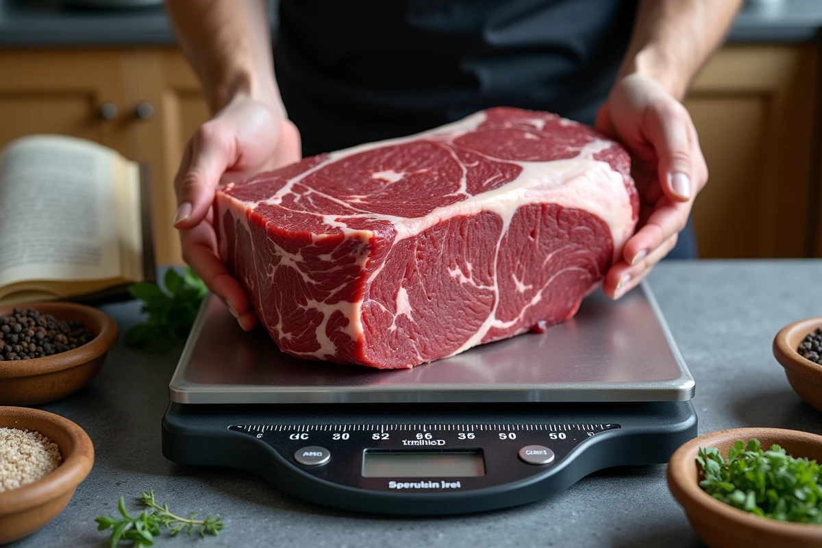 Rôti de bœuf cru d'1 kg posé sur une balance de cuisine à côté d'une règle mesurant l'épaisseur de la pièce avant cuisson