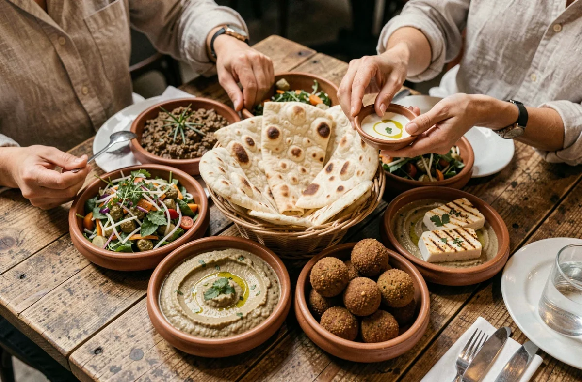Assiette de mezze libanais généreuse servie au Cèdre Paris avec houmous falafel et pain pita