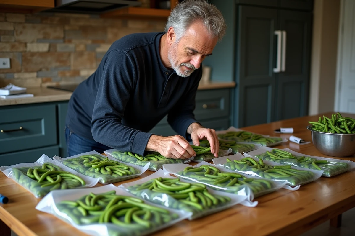 Homme remplissant des sacs congélation avec des haricots verts blanchis pour conservation en grande quantité