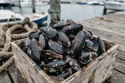 Caisse de moules de bouchot fraîchement récoltées sur un ponton de port, coquilles noires et luisantes gorgées d'eau de mer
