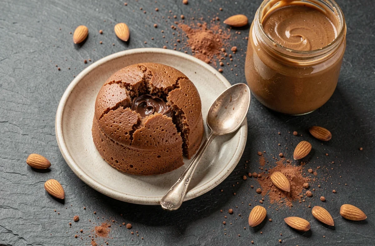 Vue de dessus d'un mugcake sans oeuf et sans gluten sur une assiette céramique avec une cuillère vintage et du beurre d'amande