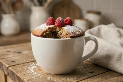 Mugcake sans oeuf et sans gluten dans une tasse blanche sur une table en bois rustique, garni de framboises fraîches et de sucre glace