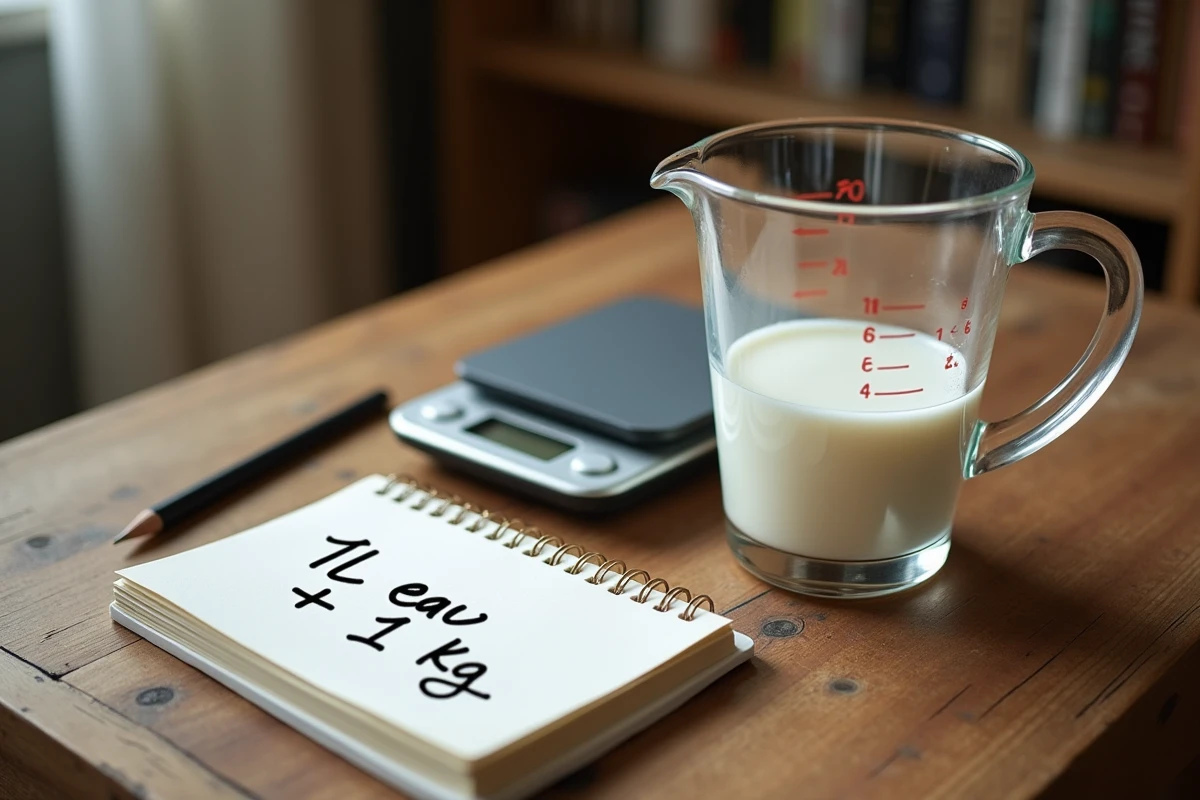 Nature morte avec un verre doseur d'un litre, une balance numérique et des notes manuscrites sur la conversion litres en kilogrammes