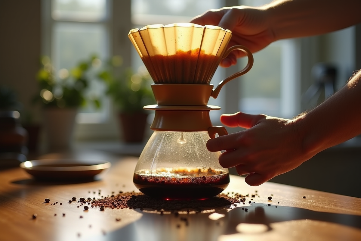 Main nettoyant une cafetière classique avec marc de café