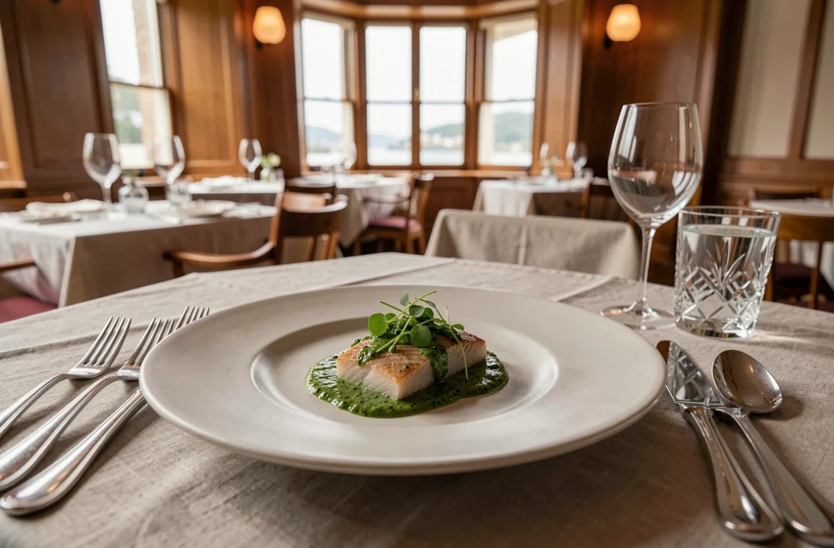 Assiette gastronomique finement dressée du restaurant Nicolas Carro à Carantec avec vue sur la baie de Morlaix