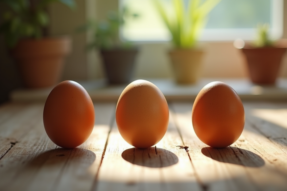 Trois oeufs sur une table en bois rustique avec différentes textures
