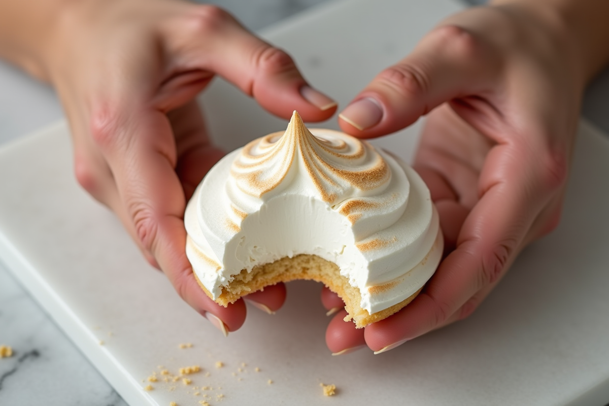Mains cassant une meringue pour voir sa texture aeree