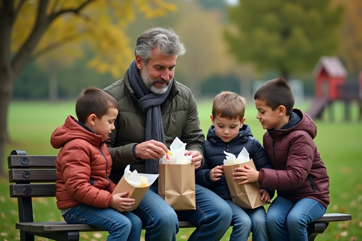 Père aidant ses enfants à manger dans un parc en plein air