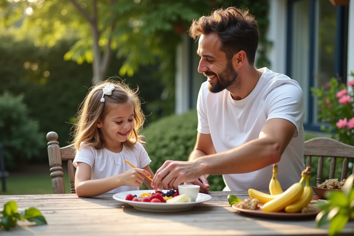Père et fille préparant un petit déjeuner dehors
