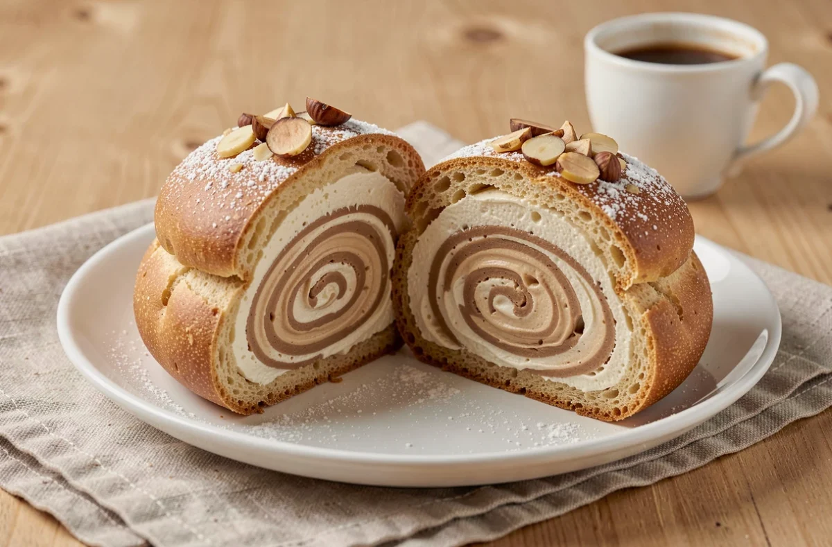 Paris-Brest coupé en deux révélant une généreuse garniture de crème mousseline au praliné, décoré de noisettes et de sucre glace sur une assiette blanche