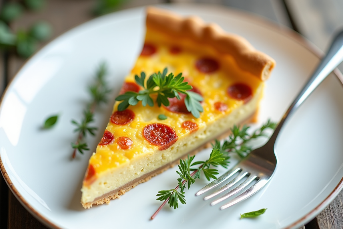 Partie de quiche au chorizo sur assiette blanche