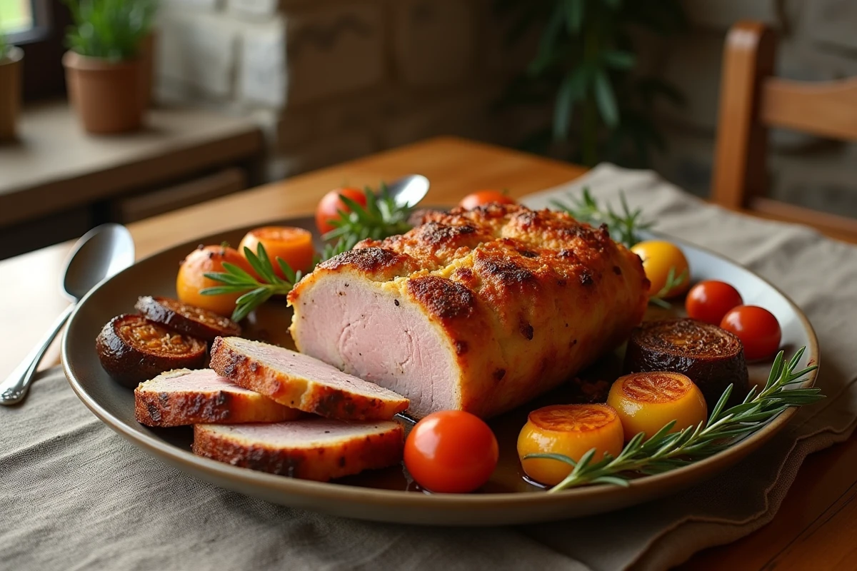 Paupiette de porc entourée de légumes sur une table rustique