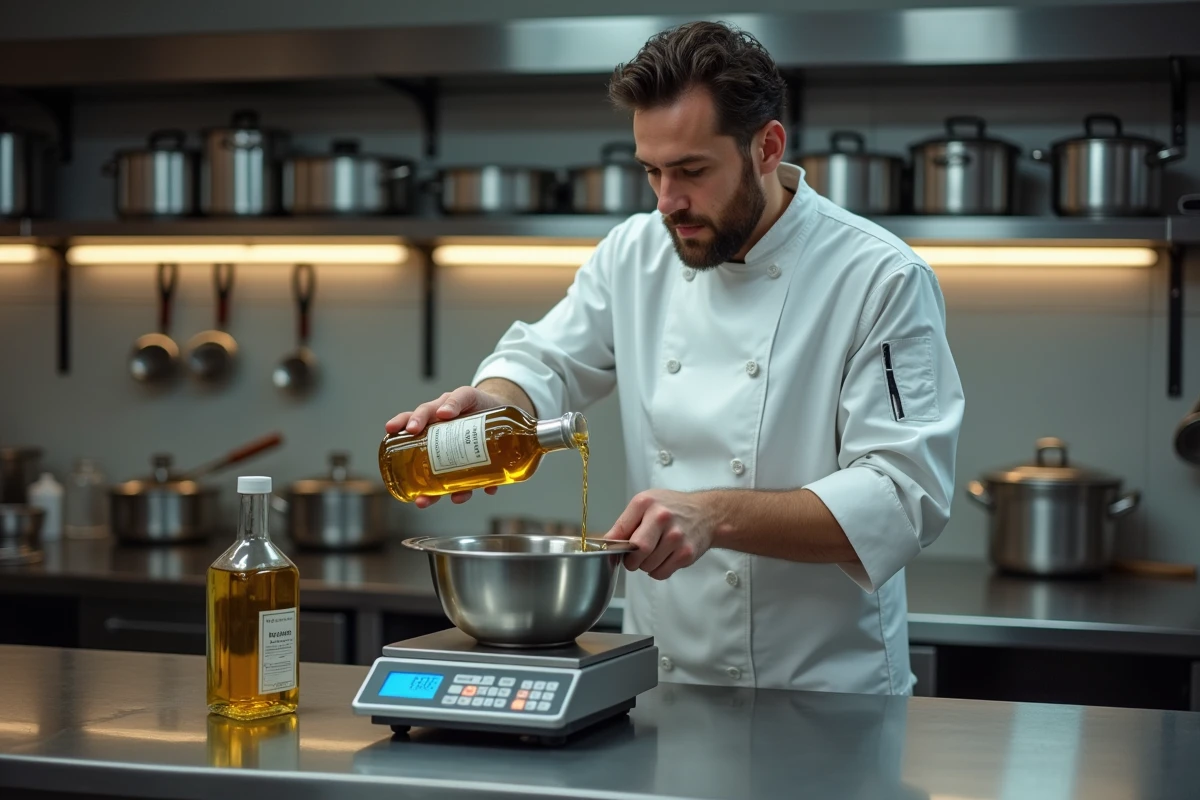 Chef professionnel pesant de l'huile d'olive sur une balance de cuisine pour une conversion litres en kilogrammes