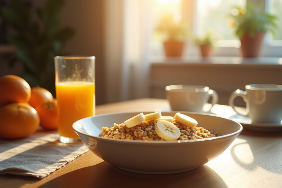 Petit déjeuner avec porridge banane et jus d'orange