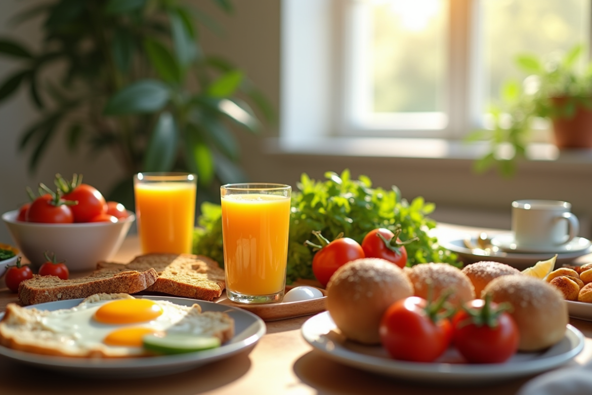 Table de petit déjeuner végétarien accueillant avec légumes frais et jus