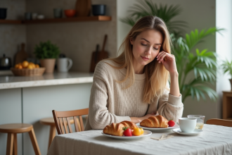 Femme assise à la table de petit déjeuner avec croissants