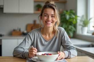 Femme souriante en tenue sportive prenant son petit déjeuner