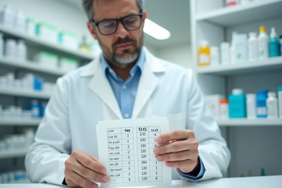 Pharmacien consultant un tableau de conversion centilitres millilitres derrière un comptoir pharmaceutique avec un verre doseur de 12,5 cl