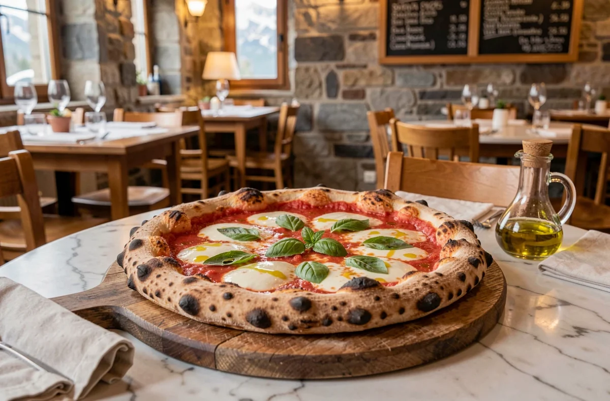 Pizza napolitaine au four à bois servie sur une planche en bois dans une pizzeria chaleureuse des Alpes en Auvergne-Rhône-Alpes